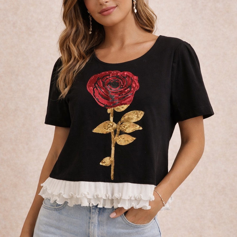 Lamo Black Tee with Red Rose and Gold Leaves